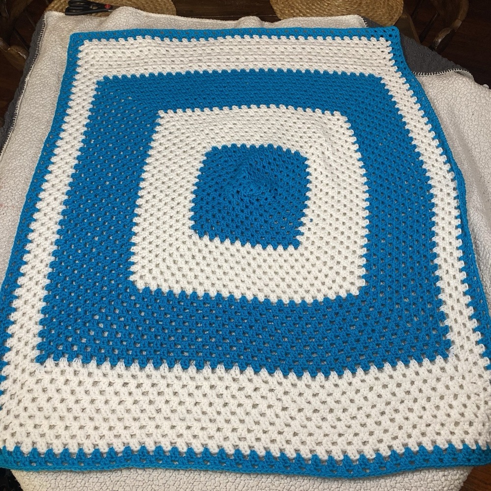 Vintage Hand Crochet Afghan Throw Blanket Blue & White Granny Squares 43x35